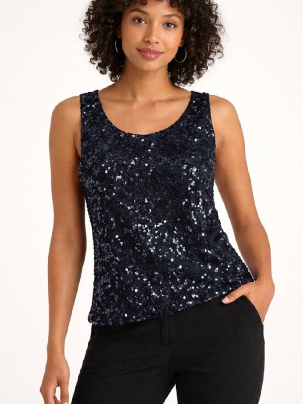 Papell Boutique Black Sequin Silk Top Y2K Evening Party Sleeveless Blouse Large